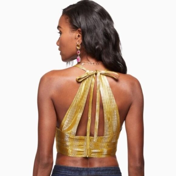 RAMY BROOK Crop Top Halter Adriana Silk Metallic Gold Silver Size 10 - Picture 9 of 10